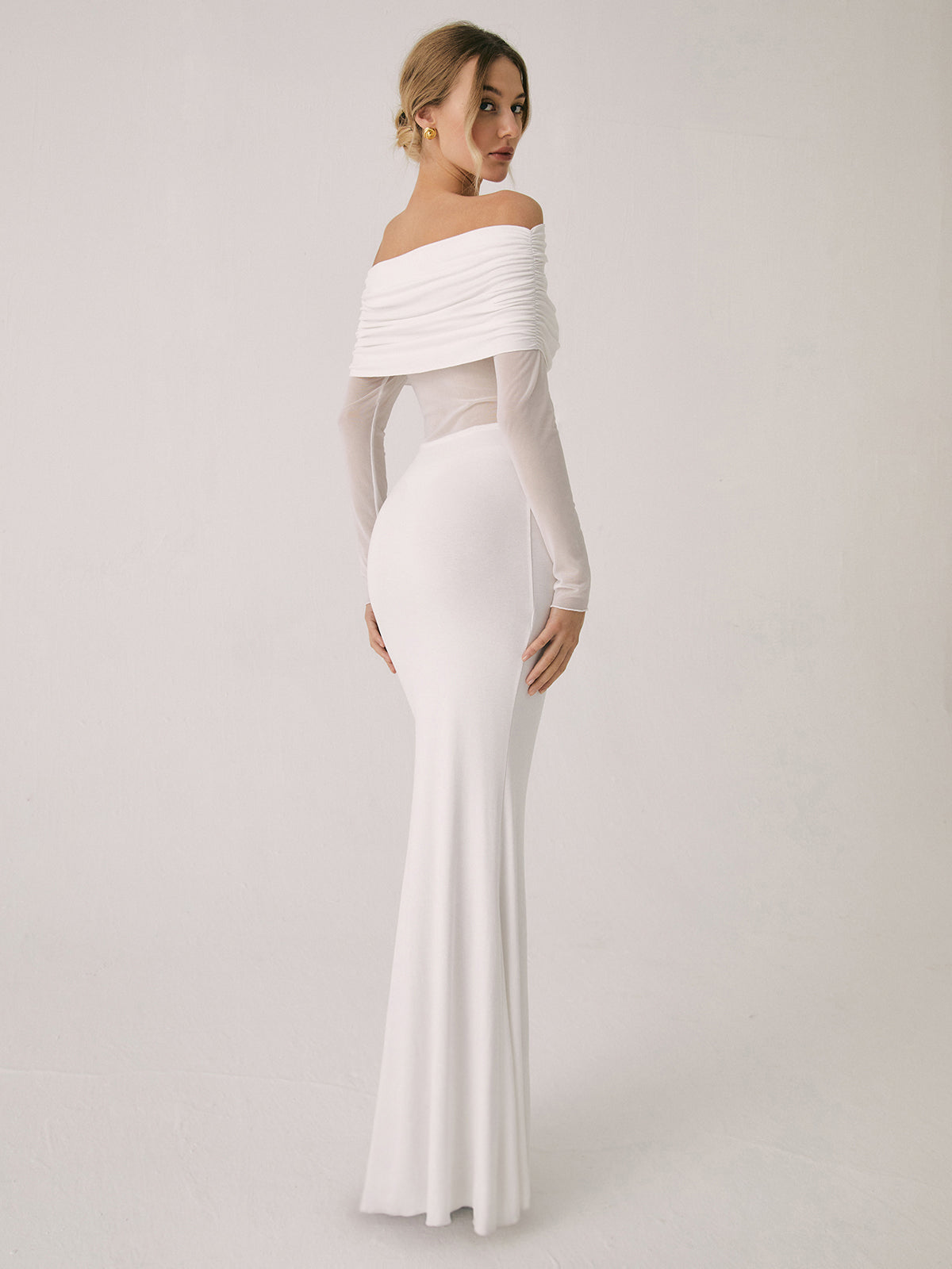 Overfold Off-Shoulder Mesh Long Sleeve Maxi Dress