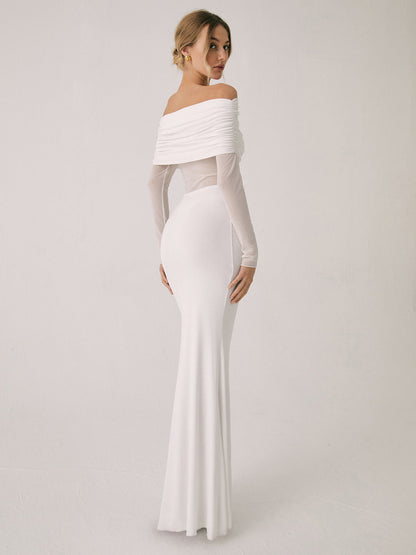 Overfold Off-Shoulder Mesh Long Sleeve Maxi Dress